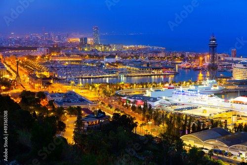 Aerial view of the evening city of Barcelona, the capital of the autonomous region of Catalonia, Spain