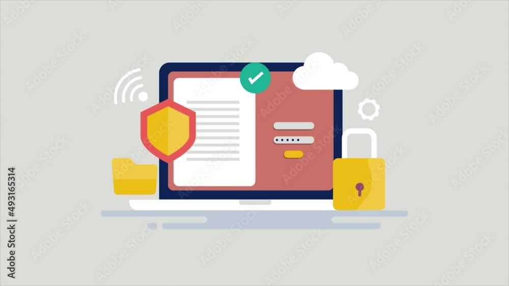 Data security, online personal data protection, secure cloud storage with documents, files, information concept. Encryption, control access internet technology, 2d animation 4k video clip.
