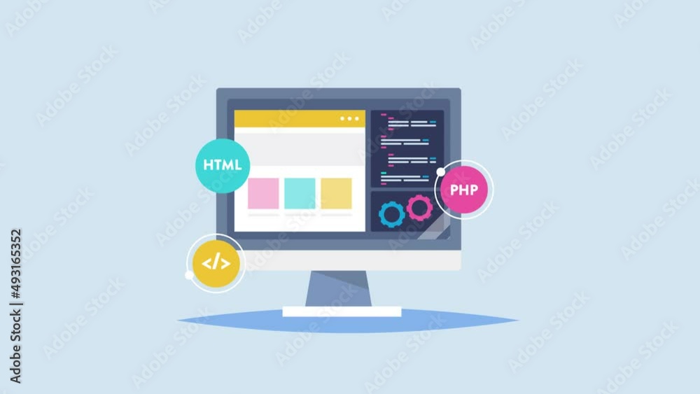 Web development, software application programming, coding cartoon style concept, internet technology, web design, project management 2d animation 4k video clip. 