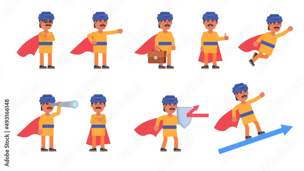 Set of indian or hindu businessman in super hero cloak in various situations. Modern vector illustration