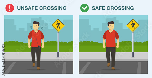 Pedestrian safety rules and tips. Safe and unsafe street crossing. Unplug, remove headphones and stay off phones while crossing the street. Flat vector illustration template.