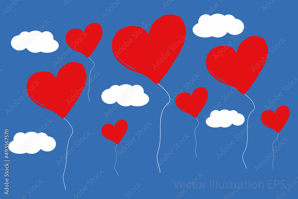 Heart shaped red balloons with with balloon threads and clouds against blue sky. Vector illustration according to the concept of simplicity