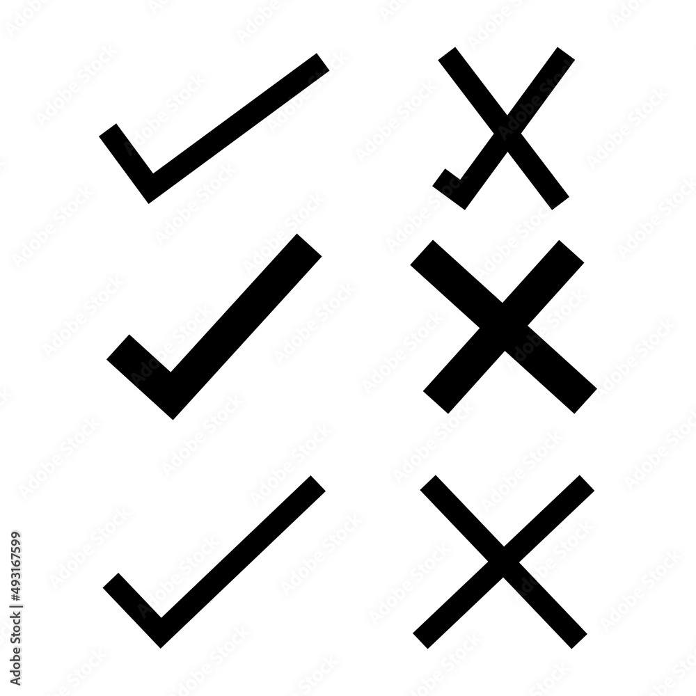 Doodle check mark and cross mark icon set. Tick symbol. checklist signs. vector illustration Doodle check mark and cross mark icon set. Tick symbol. checklist signs. vector illustration