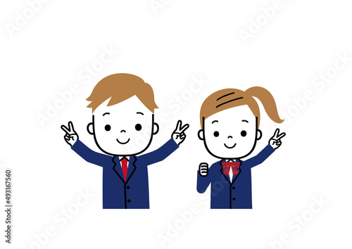 Vサインをしている制服姿の学生男女