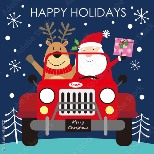 santa claus and reindeer on the car