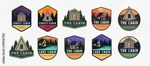 Fotografiet Set of Vintage modern outdoor badge emblem patch cabin in nature logo icon vecto