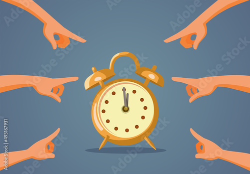 Hands Pointing at Alarm Clock Vector Cartoon Illustration