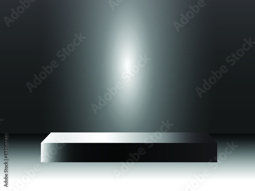 Silver cylinder pedestal podium.Stage on a minimalist wall white-black background. Vector renders 3D geometric shapes for product presentations, advertising, business.