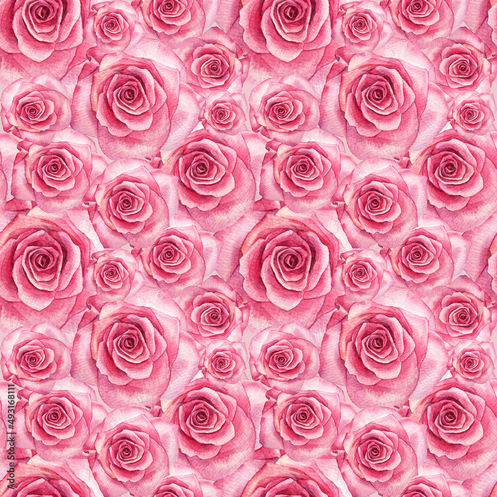 Seamless pattern watercolor pink rose background. Hand-drawn botanical flowers for Valentine's day or 8 March. Hello spring. Happy women's day. Art for wedding celebration invite wrapping wallpaper Seamless pattern watercolor pink rose background. Hand-drawn botanical flowers for Valentine's day or 8 March. Hello spring. Happy women's day. Art for wedding celebration invite wrapping wallpaper
