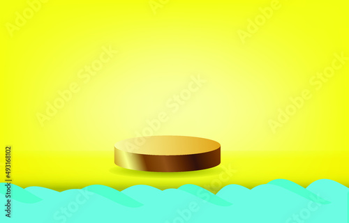Gold cylindrical plinth. Abstract pastel yellow minimalist wall scene on the blue foreground. Vector renders 3D geometric shapes for product presentations,advertising.