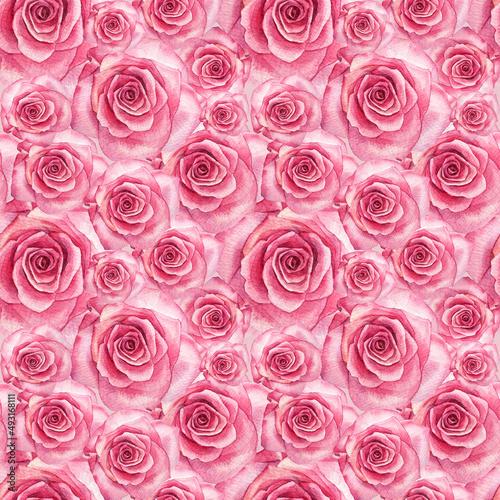 Seamless pattern watercolor pink rose background. Hand-drawn botanical flowers for Valentine s day or 8 March. Hello spring. Happy women s day. Art for wedding celebration invite wrapping wallpaper