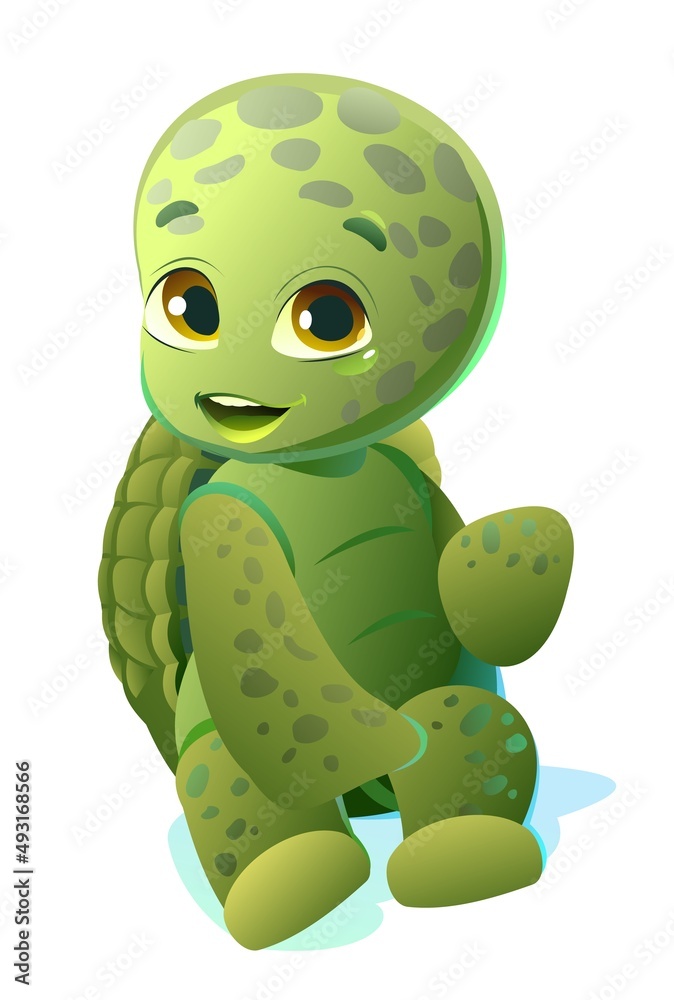 Obraz premium Little turtle. Cartoon person sits and smiles. Fun style. Child animal. Pet kid. Isolated on white background. Vector