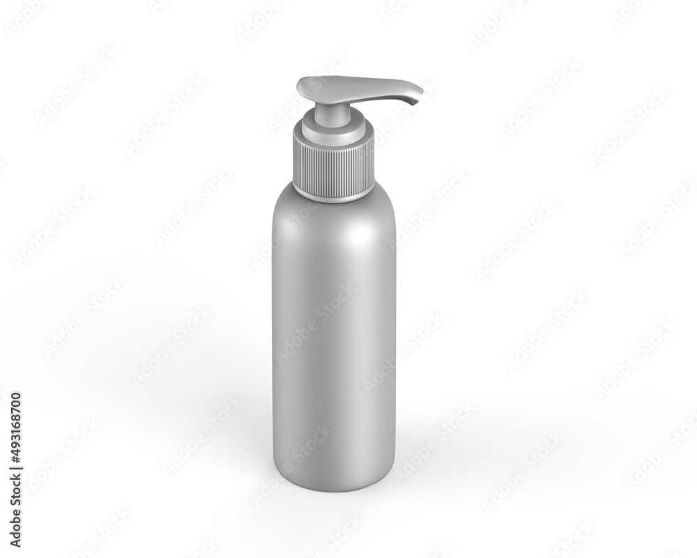 Blank metallic cosmetic bottle with pump dispenser for branding, Cosmetic bottle with pump mockup on isolated white background, 3d render illustration Blank metallic cosmetic bottle with pump dispenser for branding, Cosmetic bottle with pump mockup on isolated white background, 3d render illustration