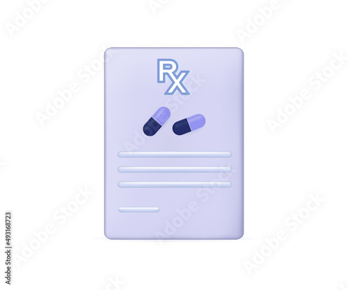 3d Pharmacy prescription medical form. Pharmaceutics and drugstore, doctor's prescription medication. Pill or capsule, rx shape. Proper use, control of medications. Health and hospital concept. Vector