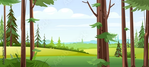 Rural landscape. Hills of fields and gardens. Beautiful pine forest. Wild floral landscape. Illustration in cartoon style flat design. Vector