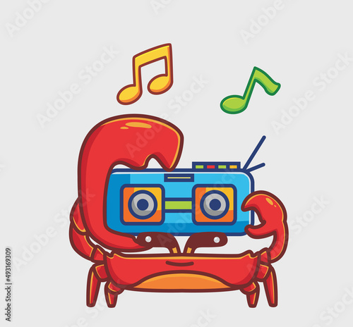 cute crab bring radio music. cartoon animal hobby concept Isolated illustration. Flat Style suitable for Sticker Icon Design Premium Logo vector. Mascot character
