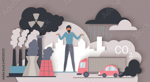 CO2 emissions. Man breathing through filter mask to reduce health effects of toxic chemical fumes from factory and transport, smog flat vector illustration. Carbon dioxide gas pollution of air concept