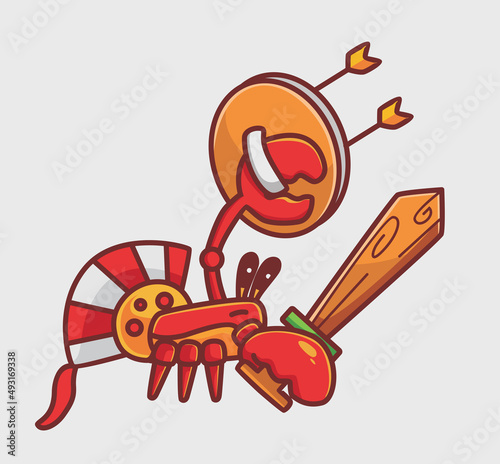 cartoon crab spartan bring sword and shield wooden. cartoon animal nature concept Isolated illustration. Flat Style suitable for Sticker Icon Design Premium Logo vector. Mascot Character