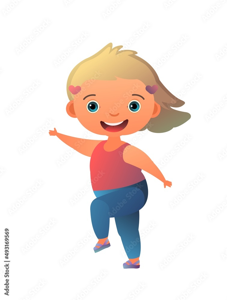 Little girl preschooler. In good mood. Person in summer clothes. Cheerful funny kid. Cute child. Baby joy. Cartoon style illustration. Flat design. Isolated on white background. Vector Little girl preschooler. In good mood. Person in summer clothes. Cheerful funny kid. Cute child. Baby joy. Cartoon style illustration. Flat design. Isolated on white background. Vector
