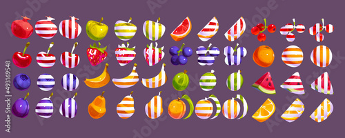 Fruit and berries game icons for casino or mobile app. Blueberry and strawberry, orange and grapefruit, apple and lemon, striped set of ui elements