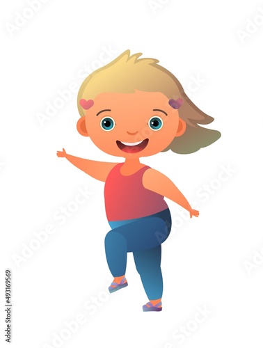 Little girl preschooler. In good mood. Person in summer clothes. Cheerful funny kid. Cute child. Baby joy. Cartoon style illustration. Flat design. Isolated on white background. Vector
