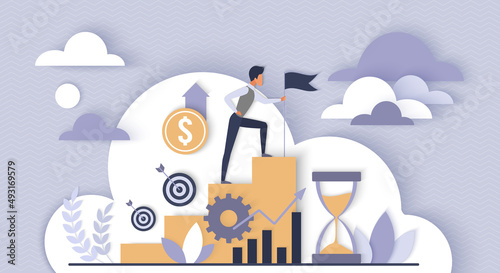 Development and growth of career, company employment. Employee reaching goals on top of ladder, holding flag in hand flat vector illustration. Corporate management, achievement, leadership concept