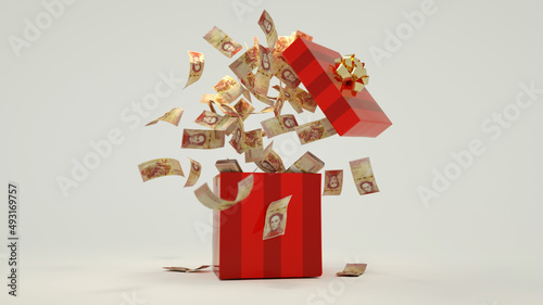 3D rendering of A lot of 20000 venezuela Bolivares notes coming out of an opened red gift box photo