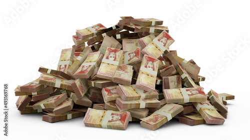 Big pile of Venezuelan bolivar notes a lot of money over white background. 3d rendering of bundles of cash photo