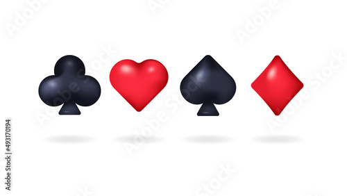 Suits of playing cards 3d symbols. Abstract background with casino design elements. Vector illustration.