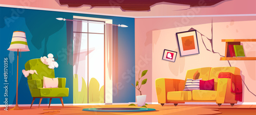 Abandoned living room interior, neglected apartment with cracked wall, holes in ceiling or floor, old broken furniture, deserted home or hotel after war or natural disaster Cartoon vector illustration
