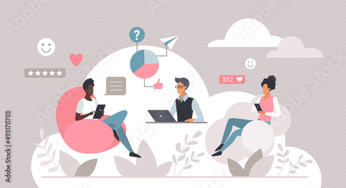 Online global communication vector illustration. Cartoon people with tablet, mobile phone or laptop browsing, man woman users using internet network. Social media, business modern technology concept
