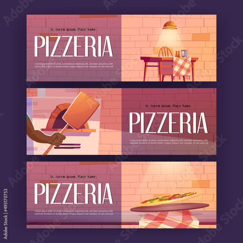 Pizzeria posters with restaurant interior, pizza, oven and scapula. Vector horizontal banners with cartoon illustration of cozy Italian cafe or cafeteria with brick stove