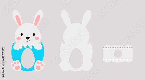 Cute easter bunny chocolate egg holder. Retail paper box for the easter egg. Printable color scheme. Print, cut out, glue. Vector stock illustration
