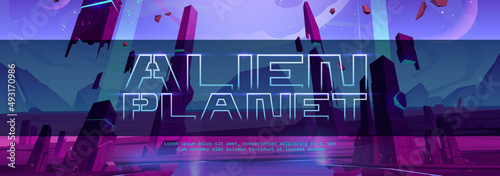 Alien planet cartoon banner with futuristic landscape, space background with glowing and flying rocks, moons in purple starry sky. Scientific discovery, fantasy computer game scene Vector illustration