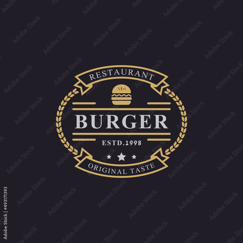 Vintage Retro Badge Ham Beef Patty Burger for Fast Food Restaurant Logo Design Inspiration