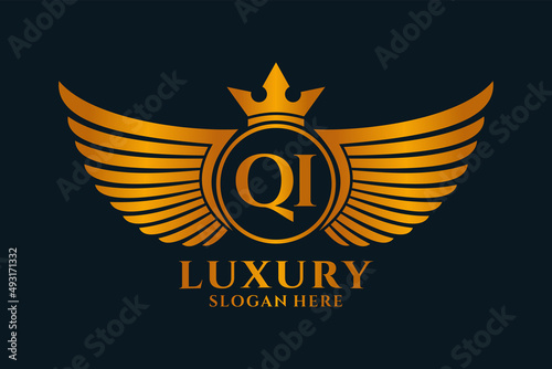 Luxury royal wing Letter QI crest Gold color Logo vector, Victory logo, crest logo, wing logo, vector logo template.
