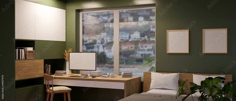 Modern luxury apartment bedroom interior with computer desk Modern luxury apartment bedroom interior with computer desk