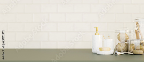 Bath products and copy space on modern bathroom countertop © bongkarn