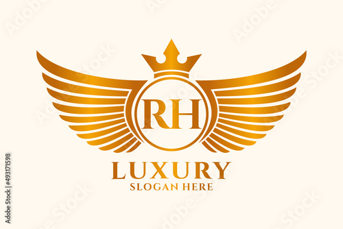Luxury royal wing Letter RH crest Gold color Logo vector, Victory logo, crest logo, wing logo, vector logo template.
