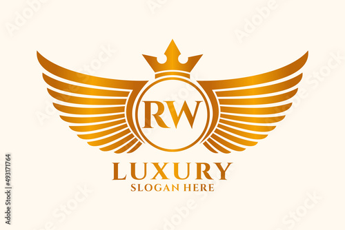 Luxury royal wing Letter RW crest Gold color Logo vector, Victory logo, crest logo, wing logo, vector logo template. photo