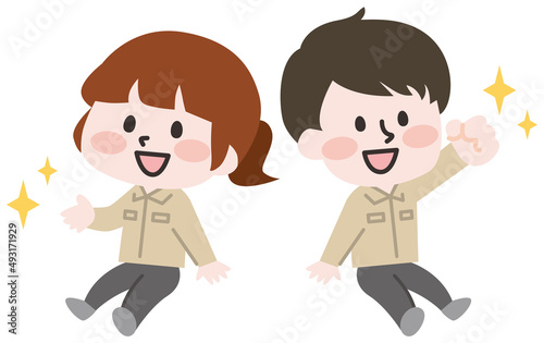 座ってる笑顔の作業員のイラスト