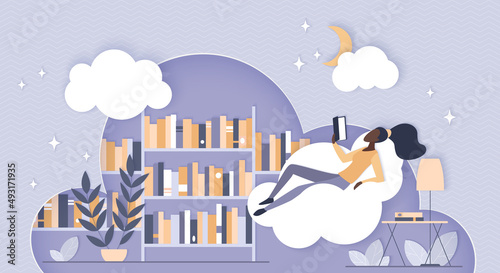 Cloud library, online education. Faceless woman training, reading digital book anywhere with phone or reader device, literature storage and hosting data service for learning flat vector illustration