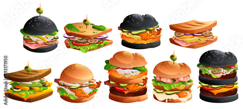 Set of burgers with cheese, meat, bacon and vegetables. Isolated vector fast food with black buns, sesame, lettuce, tomato, eggs, olives. King size and classic american traditional cartoon junk meals