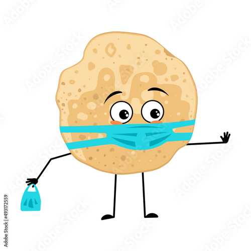 Pancake character with sad emotions, face and mask keep distance, hands with shopping bag and stop gesture. Baking person, homemade pastry with care expression. Food emoticon for carnival or