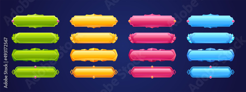 Medieval game buttons, user interface menu elements. Oblong colorful ui banners with ornate rims and decor. Empty royal gui bars for rpg, fantasy web design borders, Cartoon vector illustration, set