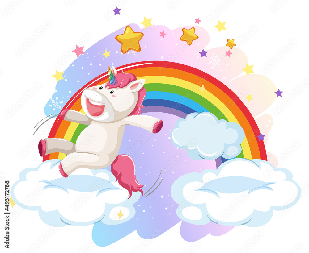 Pink unicorn jumping on a cloud with rainbow
