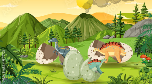 Prehistoric forest with dinosaur cartoon