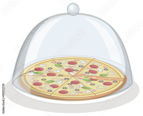 Pizza on plate with glass cover on white background