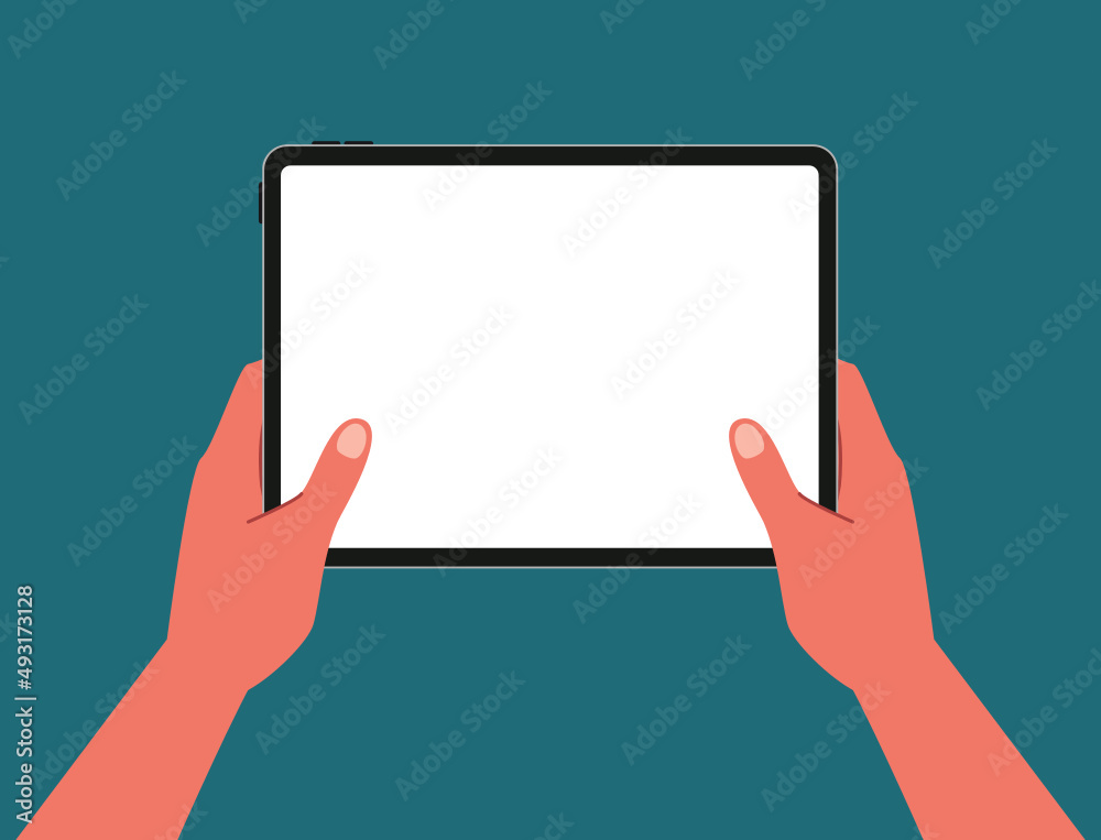 Top view of two hands using and holding a blank tablet for social media, working, content creator, study gaming or lecture flat vector illustration on white screen. Working on blank space tablet. Top view of two hands using and holding a blank tablet for social media, working, content creator, study gaming or lecture flat vector illustration on white screen. Working on blank space tablet.
