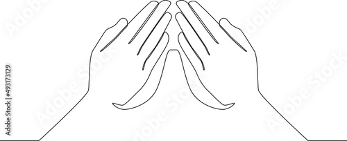 Continuous line drawing of greeting in muslim traditional way touching tip of finger. Ramadan kareem and ied mubarak. Vector illustration. 